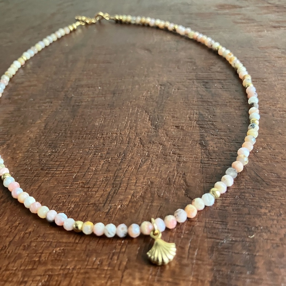 Pink opal bead necklace with tiny gold shell pendant